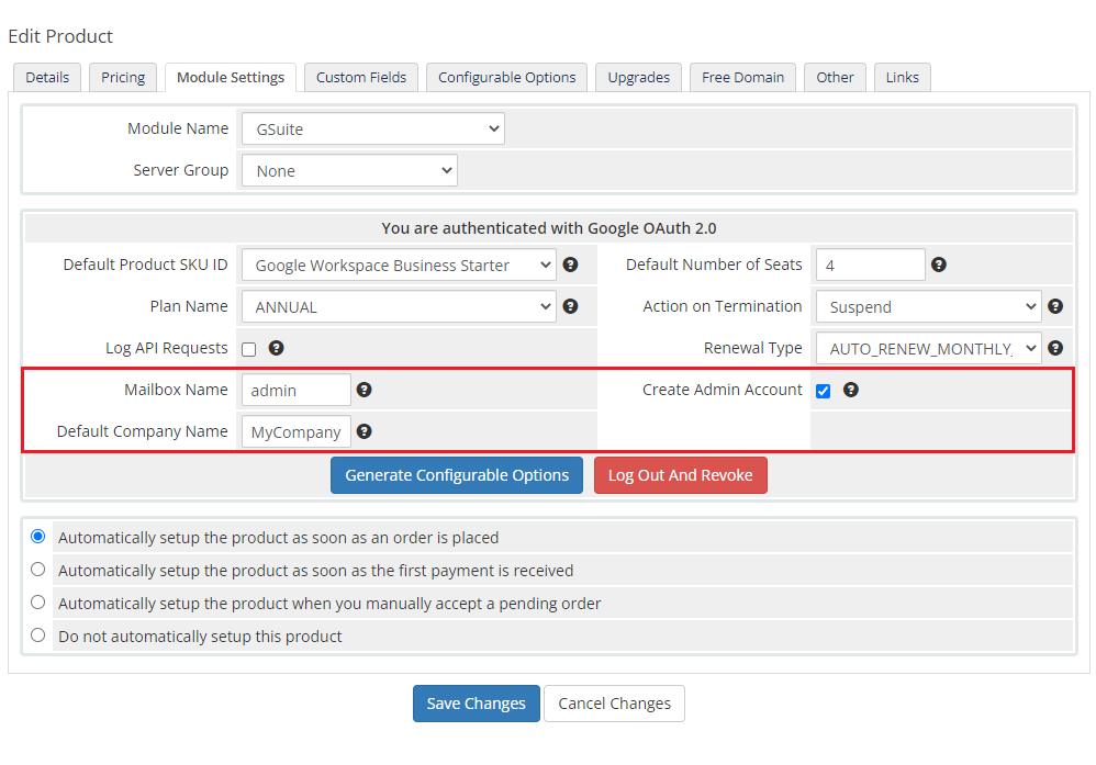 Google Workspace For WHMCS: WHMCS Module Settings with the Mailbox Name and Create Admin Account fields marked