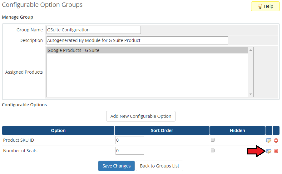 Google Workspace For WHMCS: WHMCS Manage Group page with the Product SKU ID and Number of Seats configurable options
