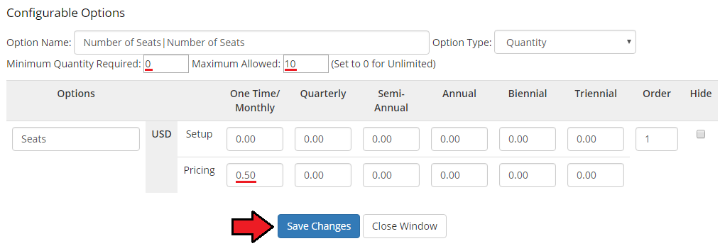 Google Workspace For WHMCS: WHMCS configurable option window for Number of Seats with quantity limits, price and Save