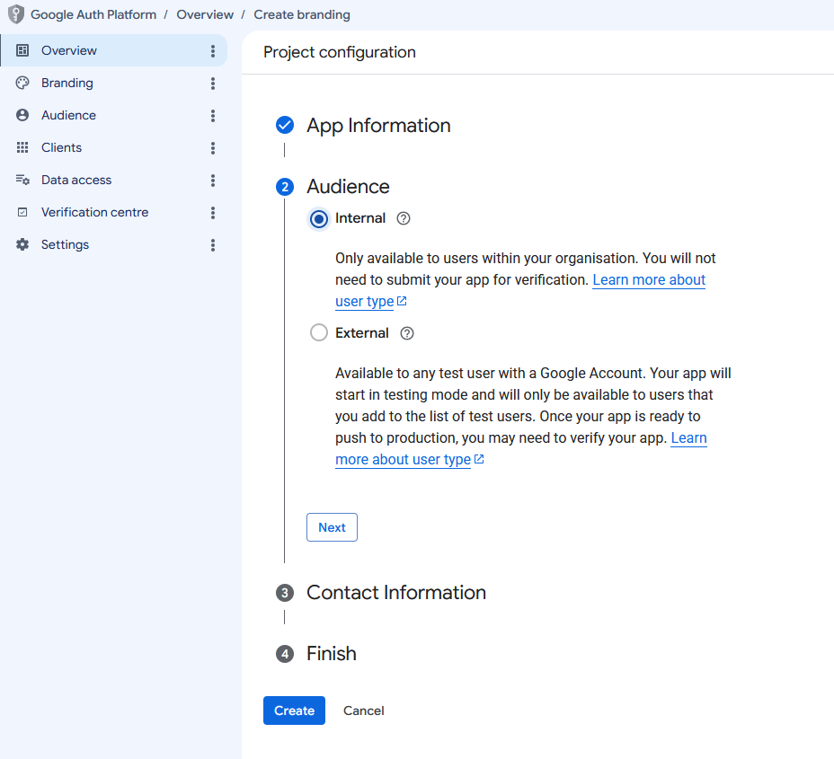 Google Workspace For WHMCS: Google Auth Platform project configuration with the Internal audience option selected