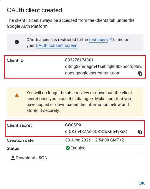 Google Workspace For WHMCS: OAuth client created dialog showing the Client ID and Client secret values