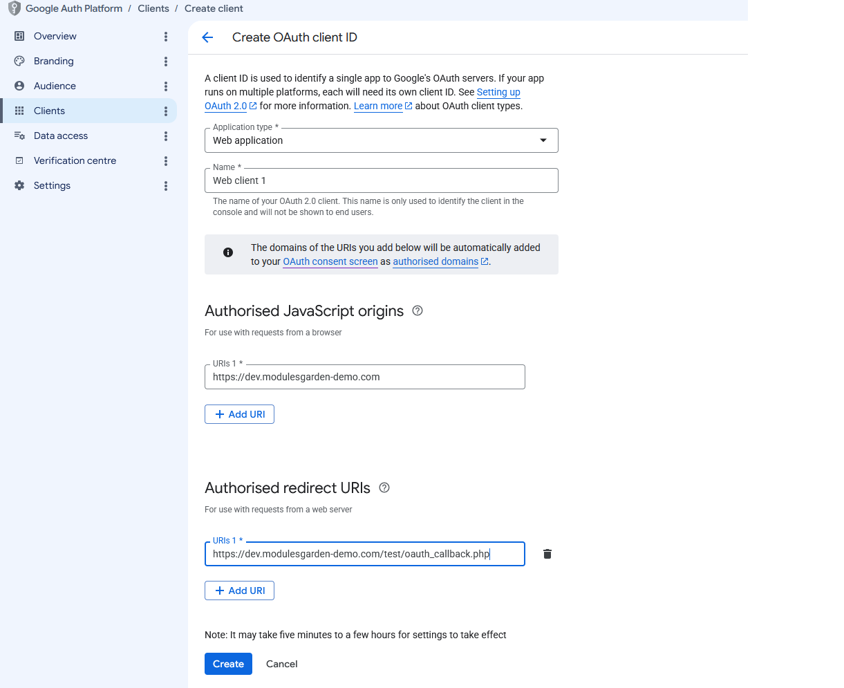 Google Workspace For WHMCS: Google Auth Platform OAuth client form with Web application type, origin and redirect URI