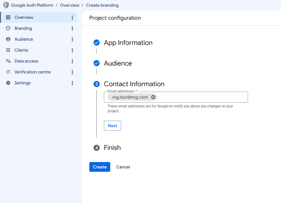 Google Workspace For WHMCS: Google Auth Platform project configuration with the contact information email address step