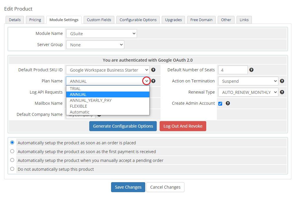 Google Workspace For WHMCS: WHMCS Module Settings with the Plan Name dropdown listing TRIAL, ANNUAL and FLEXIBLE