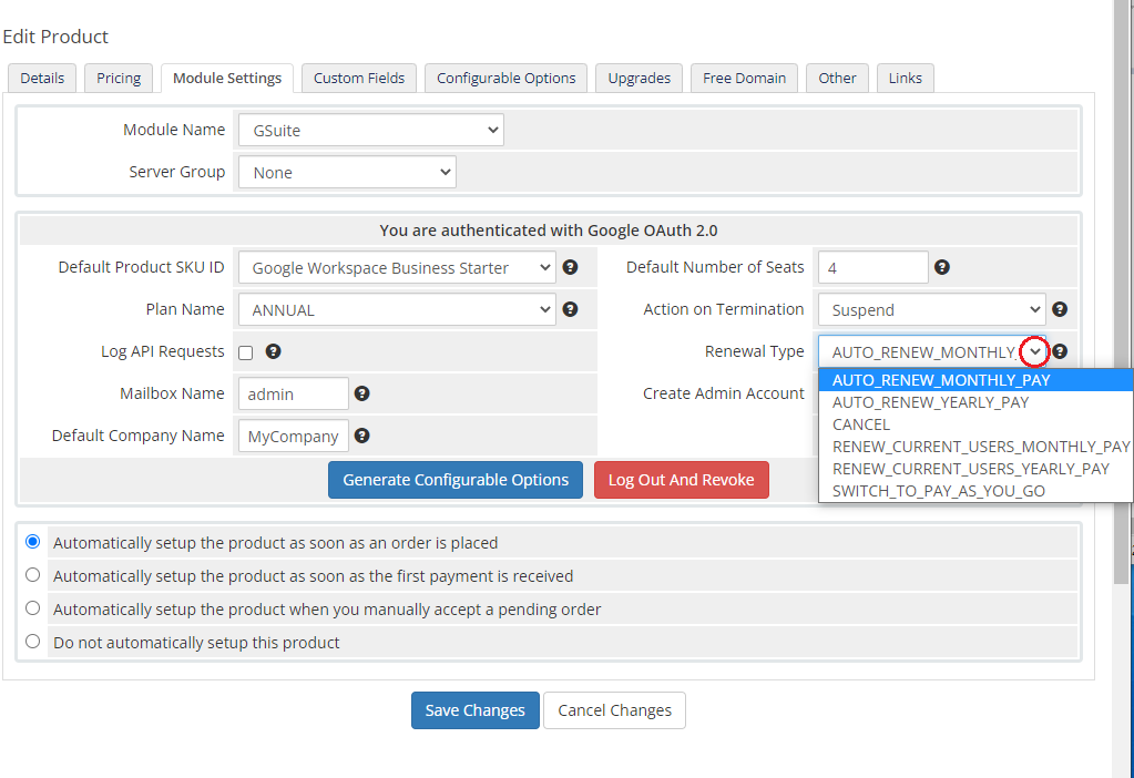 Google Workspace For WHMCS: WHMCS Module Settings with the Renewal Type dropdown listing the available renewal options