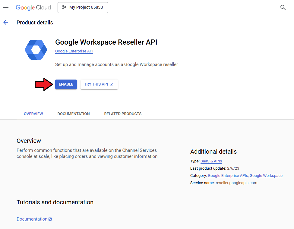 Google Workspace For WHMCS: Google Workspace Reseller API product details page in Google Cloud with the Enable button