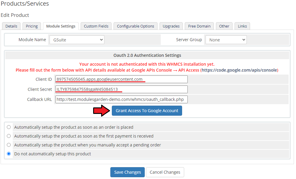 Google Workspace For WHMCS: WHMCS Module Settings with Client ID, Client Secret and the Grant Access To Google Account