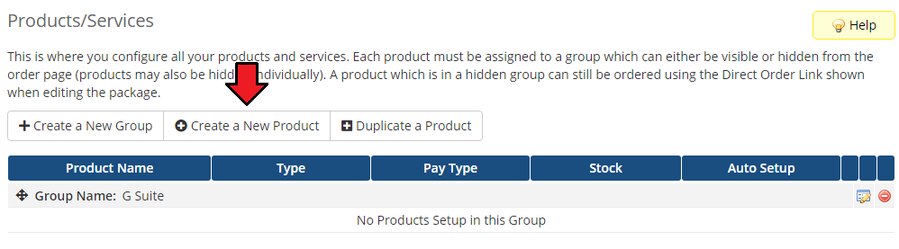 Google Workspace For WHMCS: WHMCS Products/Services page with the Create a New Product button under the G Suite group