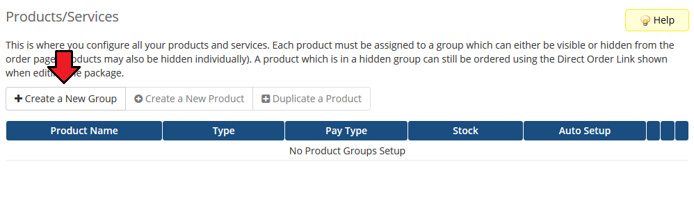 Google Workspace For WHMCS: WHMCS admin Products/Services page with the Create a New Group button