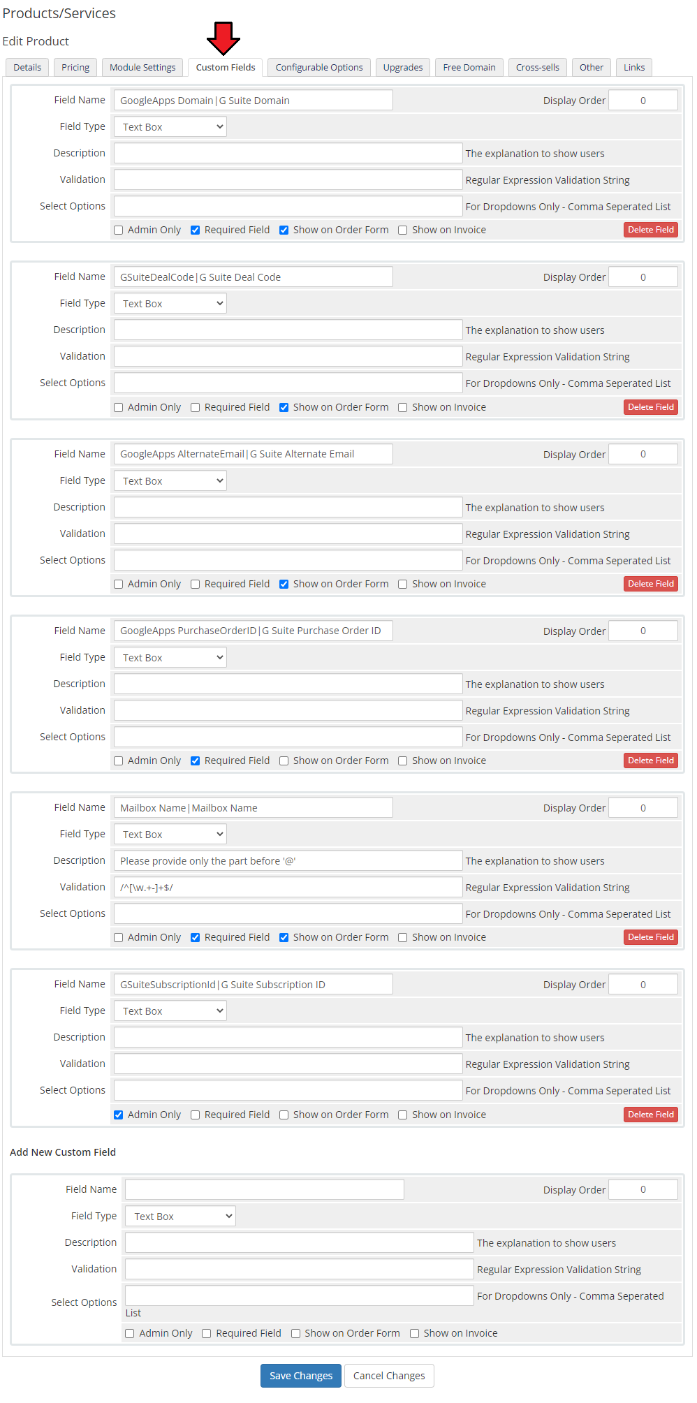 Google Workspace For WHMCS: WHMCS product Custom Fields tab with the automatically added Google Workspace fields