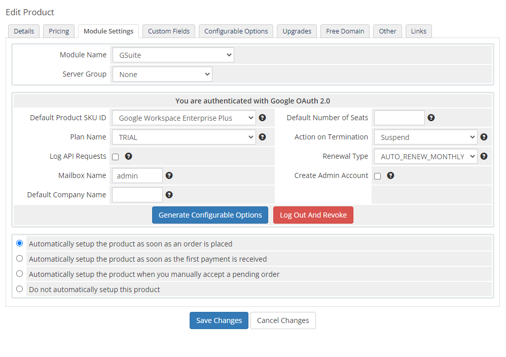 Google Workspace For WHMCS: WHMCS Module Settings tab showing the account is authenticated with Google OAuth 2.0