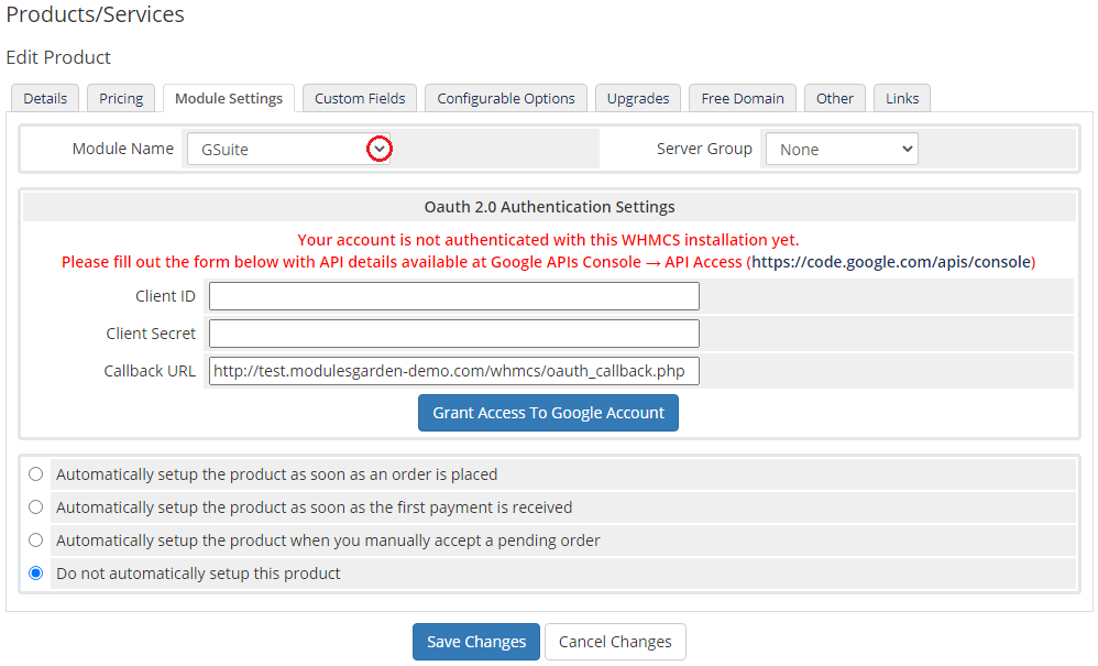 Google Workspace For WHMCS: WHMCS product Module Settings tab with GSuite chosen in the Module Name dropdown