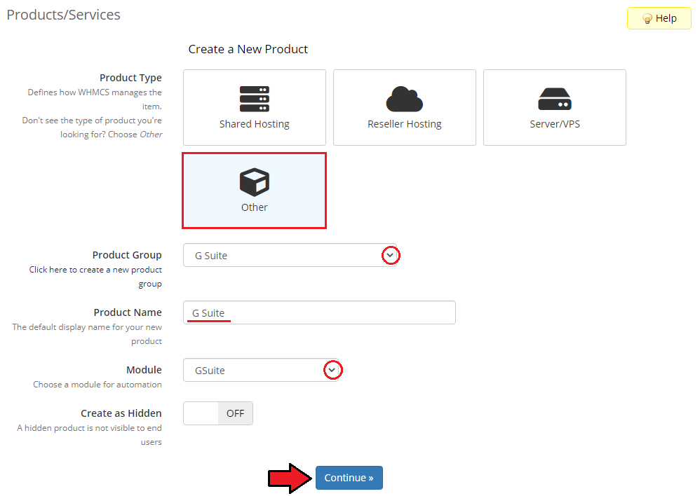 Google Workspace For WHMCS: WHMCS Create a New Product form with product type Other, group, name and the GSuite module