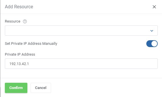 Hetzner Cloud Servers For WHMCS: Add Resource dialog with the Resource list and Set Private IP Address Manually switch