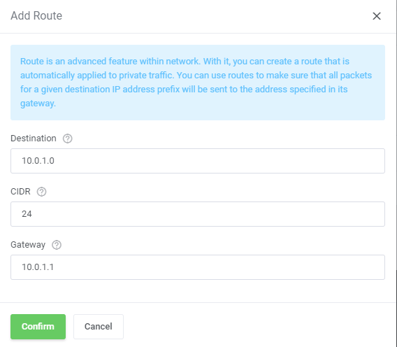 Hetzner Cloud Servers For WHMCS: Add Route dialog with Destination, CIDR and Gateway fields
