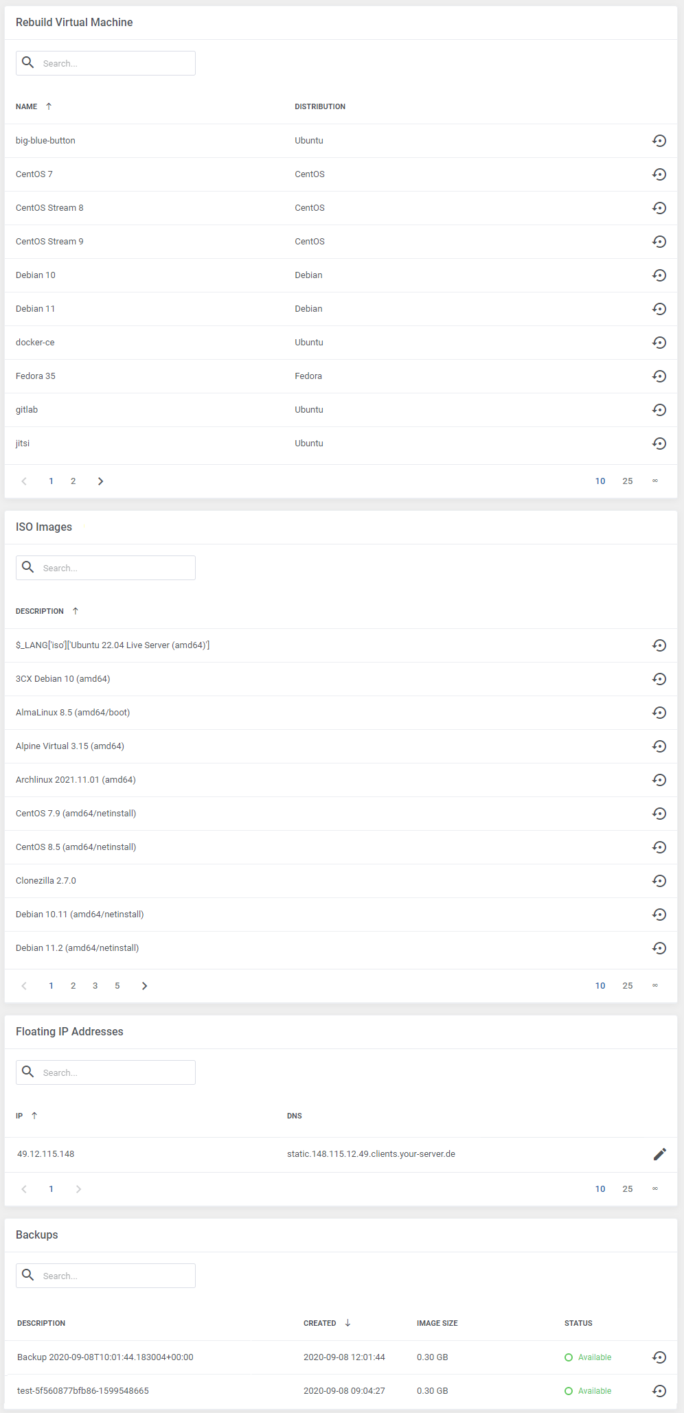 Hetzner Cloud Servers For WHMCS: admin area Rebuild Virtual Machine, ISO Images, Floating IP and Backups tables