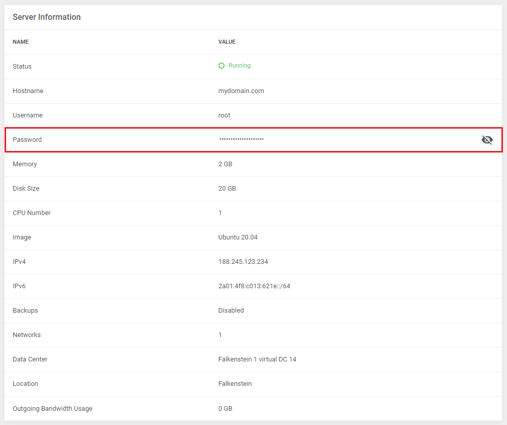 Hetzner Cloud Servers For WHMCS: admin area Server Information table with the Password row highlighted