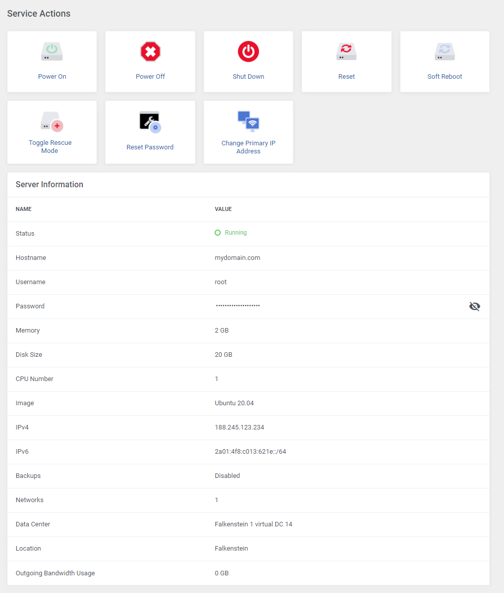 Hetzner Cloud Servers For WHMCS: admin area Service Actions buttons and the Server Information table