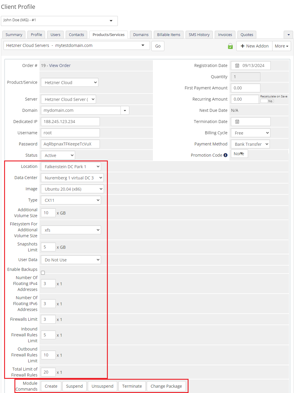 Hetzner Cloud Servers For WHMCS: WHMCS admin client Products/Services page with module fields and module command buttons