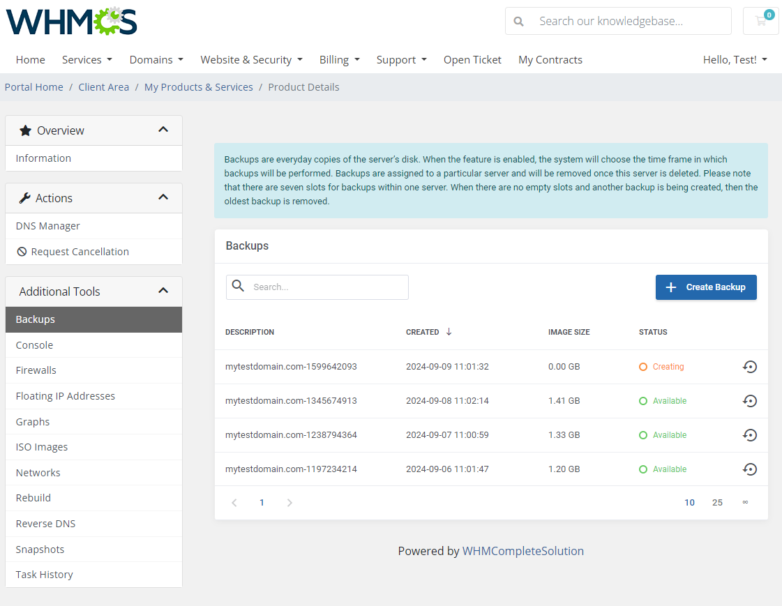 Hetzner Cloud Servers For WHMCS: client area Backups page with the backup list, status and Create Backup button