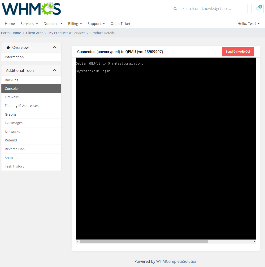 Hetzner Cloud Servers For WHMCS: client area Console page with a connected QEMU terminal showing a Debian login prompt