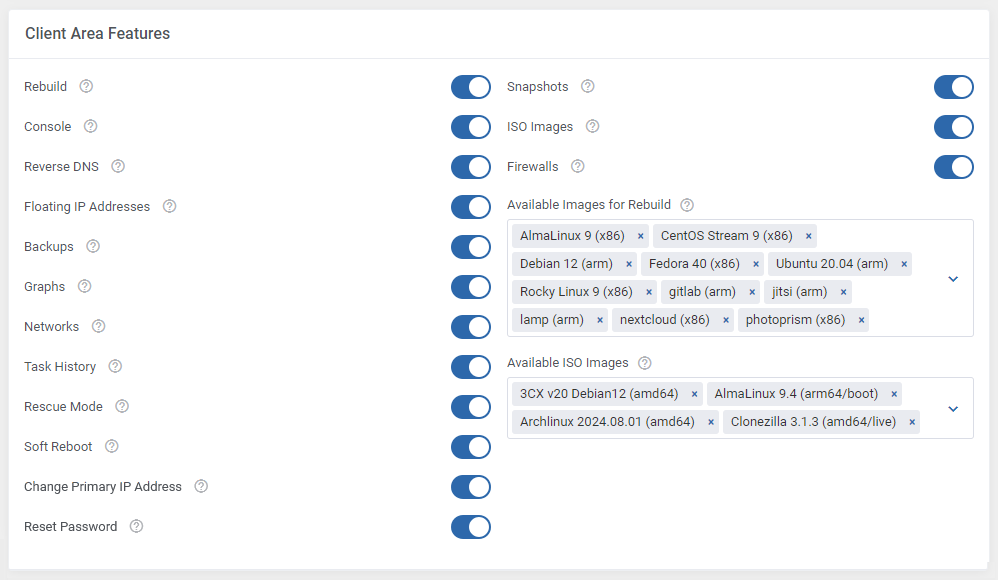 Hetzner Cloud Servers For WHMCS: Client Area Features section with toggles and lists of images and ISO images
