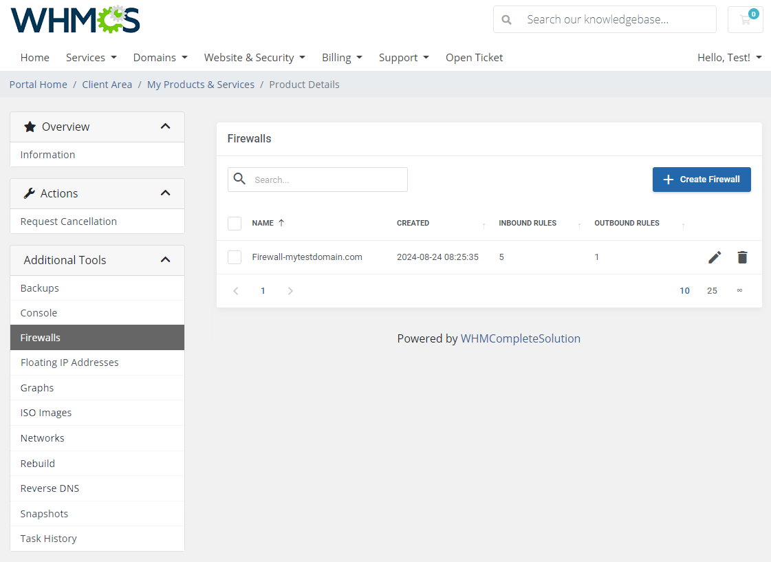 Hetzner Cloud Servers For WHMCS: client area Firewalls page with the firewall list and the Create Firewall button