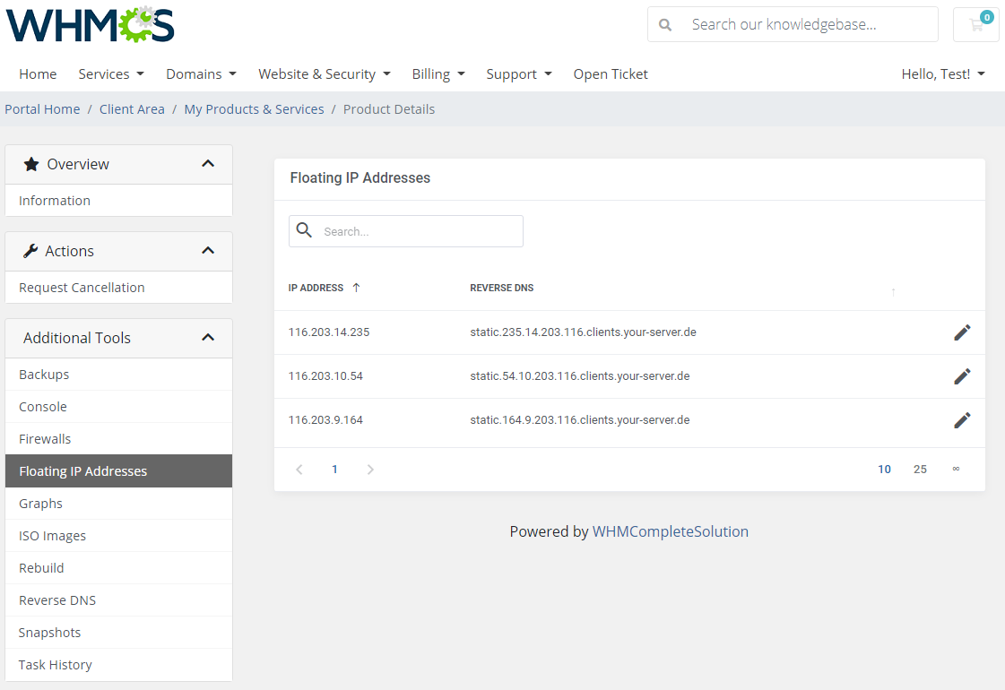 Hetzner Cloud Servers For WHMCS: client area Floating IP Addresses page with the IP list and reverse DNS entries