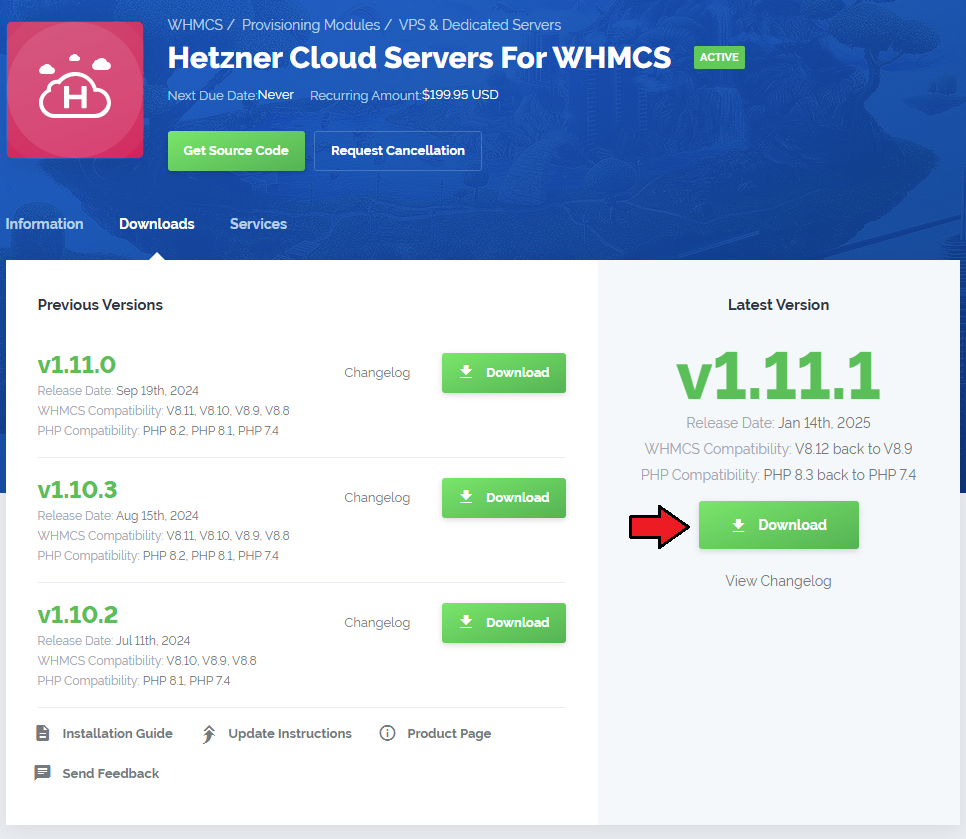 Hetzner Cloud Servers For WHMCS: client area Downloads tab of the module with the Download button for the latest version