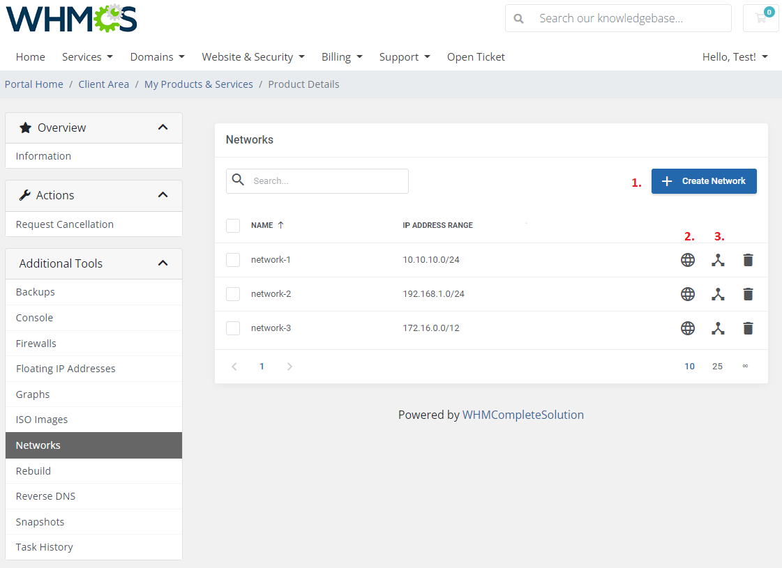 Hetzner Cloud Servers For WHMCS: client area Networks page with the network list, Create Network button and action icons