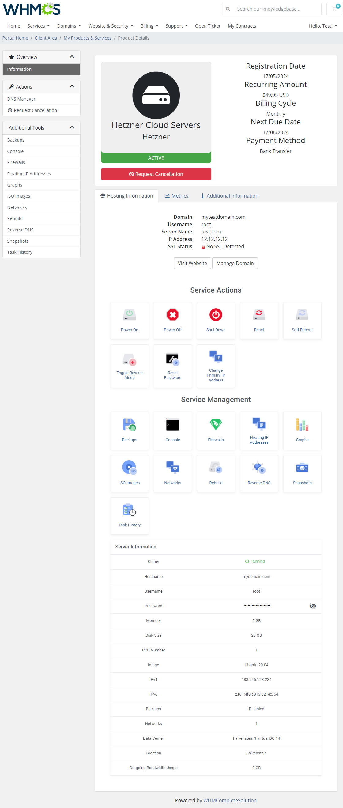 Hetzner Cloud Servers For WHMCS: client area product page with service actions, management icons and server information