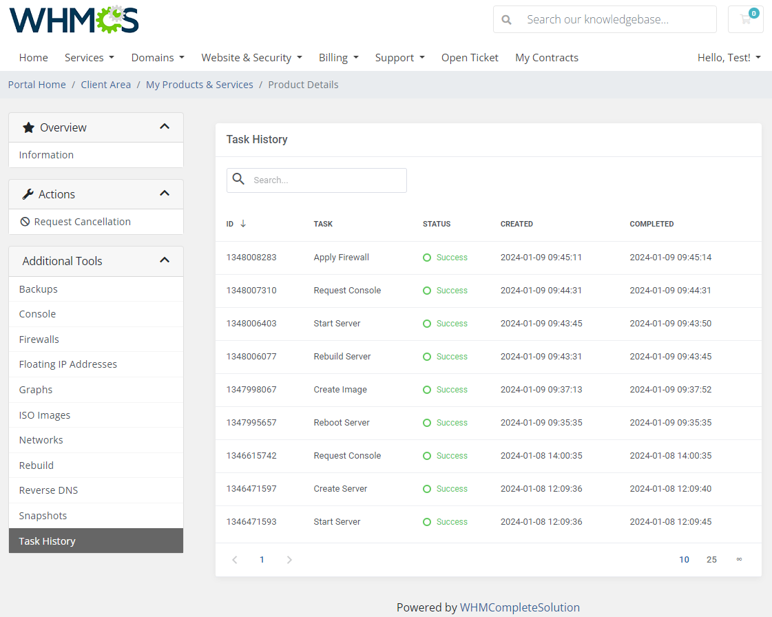 Hetzner Cloud Servers For WHMCS: client area Task History page with the task list and Task History menu item selected