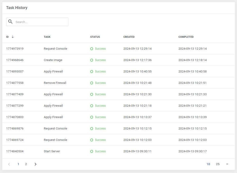 Hetzner Cloud Servers For WHMCS: Task History table in the client area with task names, status and dates