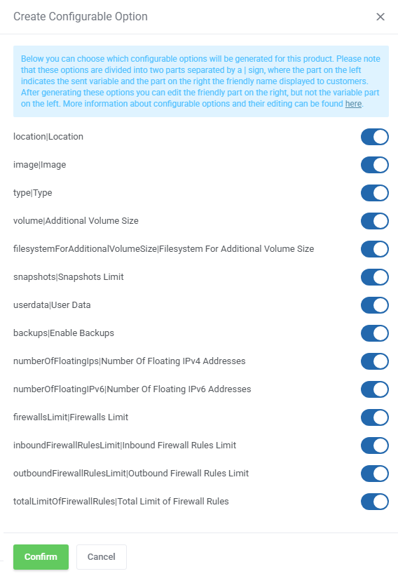 Hetzner Cloud Servers For WHMCS: Create Configurable Option dialog with toggles for each option and a Confirm button