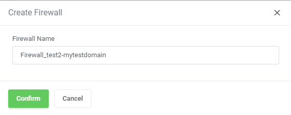 Hetzner Cloud Servers For WHMCS: Create Firewall dialog with the Firewall Name field and the green Confirm button