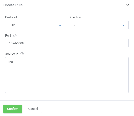 Hetzner Cloud Servers For WHMCS: Create Rule dialog with Protocol, Direction, Port and Source IP fields