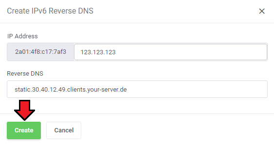 Hetzner Cloud Servers For WHMCS: Create IPv6 Reverse DNS dialog with IP Address and Reverse DNS fields and Create button