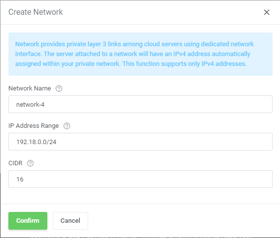 Hetzner Cloud Servers For WHMCS: Create Network dialog with Network Name, IP Address Range and CIDR fields