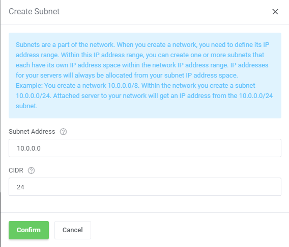 Hetzner Cloud Servers For WHMCS: Create Subnet dialog with Subnet Address and CIDR fields