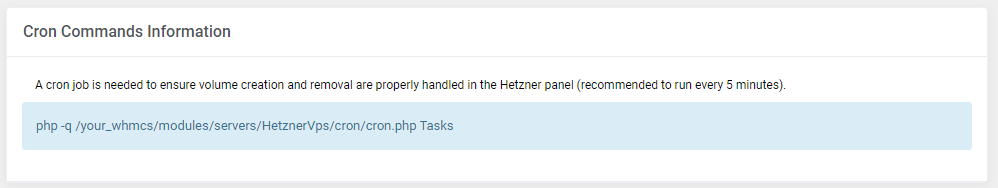 Hetzner Cloud Servers For WHMCS: Cron Commands Information section showing the cron.php Tasks command