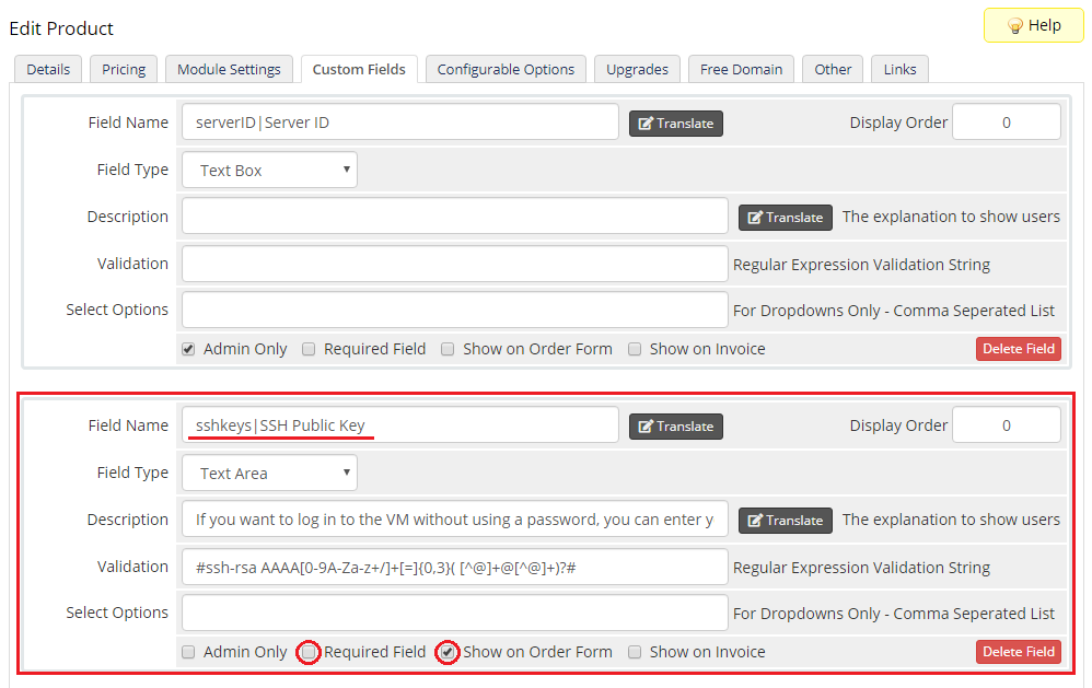 Hetzner Cloud Servers For WHMCS: WHMCS product Custom Fields tab with the sshkeys SSH Public Key field and order form