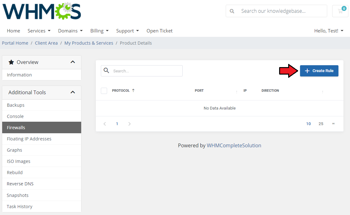 Hetzner Cloud Servers For WHMCS: empty firewall rules list with an arrow pointing to the Create Rule button