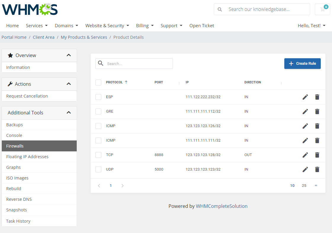 Hetzner Cloud Servers For WHMCS: client area firewall rules list with protocol, port, IP, direction and edit and delete