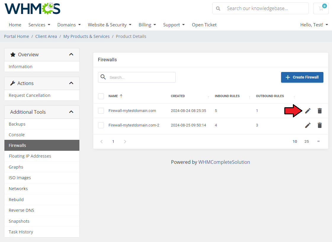 Hetzner Cloud Servers For WHMCS: client area Firewalls list with an arrow pointing to the edit icon of a firewall