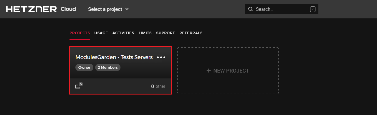 Hetzner Cloud Servers For WHMCS: Hetzner Cloud console projects page with the project tile highlighted