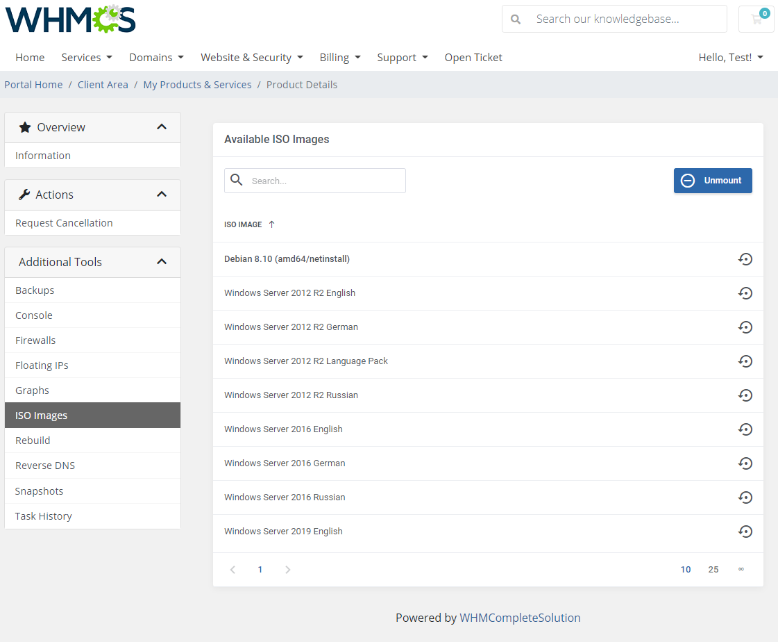 Hetzner Cloud Servers For WHMCS: client area ISO Images list with the mounted image in bold and the Unmount button