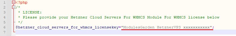Hetzner Cloud Servers For WHMCS: license.php file open in an editor with the license key placeholder between quotation