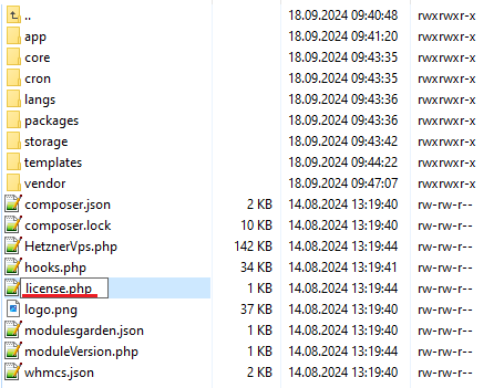 Hetzner Cloud Servers For WHMCS: module folder in an FTP client with the license.php file renamed from licenseRENAME.php