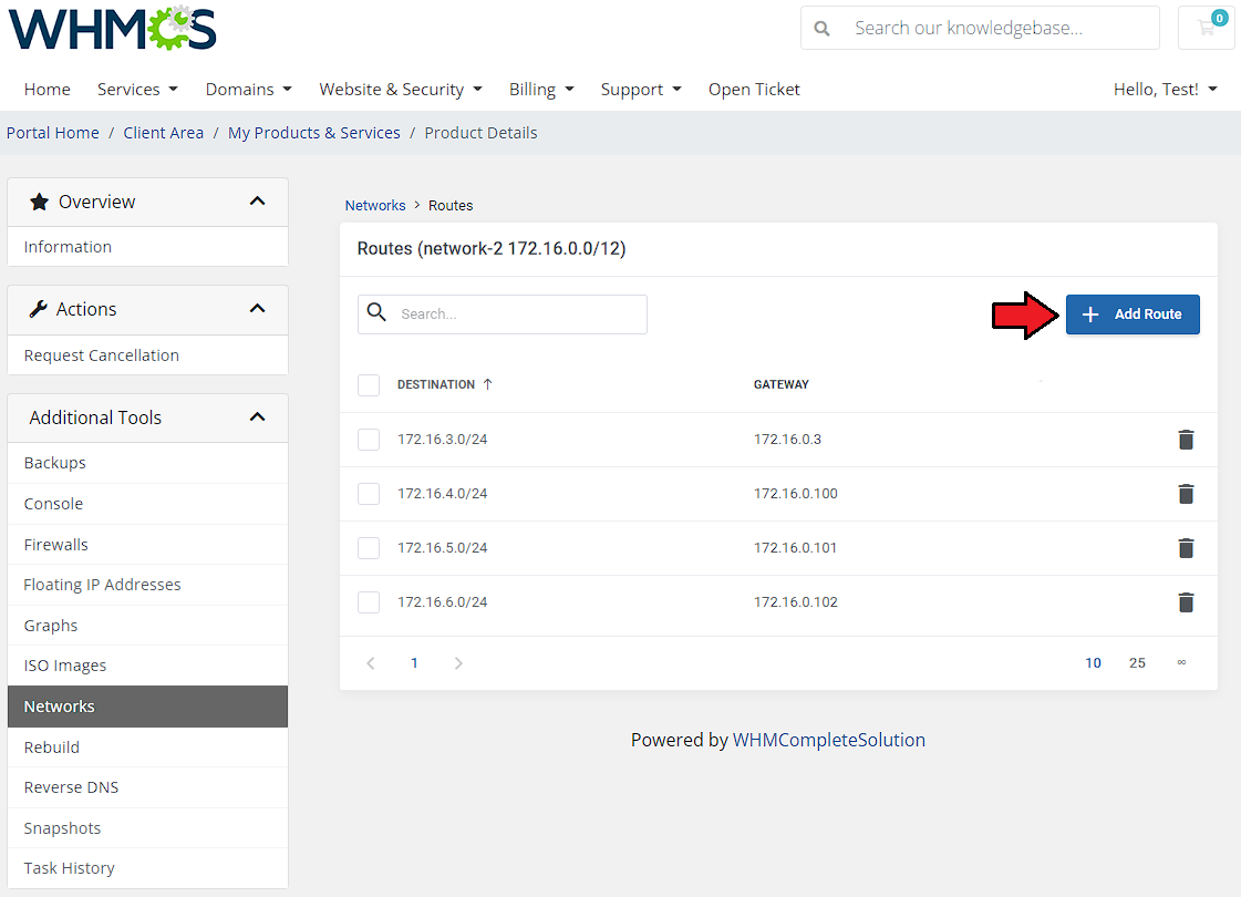 Hetzner Cloud Servers For WHMCS: client area network Routes list with an arrow pointing to the Add Route button