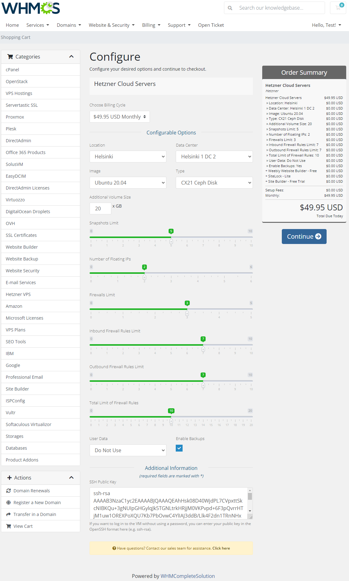 Hetzner Cloud Servers For WHMCS: WHMCS order form with Hetzner Cloud Servers configurable options, sliders and SSH